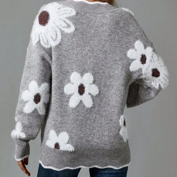 Grey Casual Women's Floral Pattern Easter Family Sweater - Picture 3 of 5